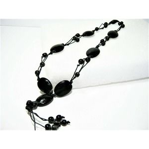 Black Agate beaded Corded Casual style Hippie BOHO Tassel Drop Necklace- 24 inch